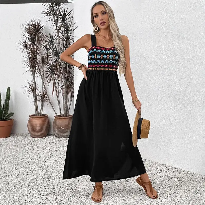 Women's Black Boho Embroidered Cami Dress  Maxi Dress Summer Vacation Casual Daily Party