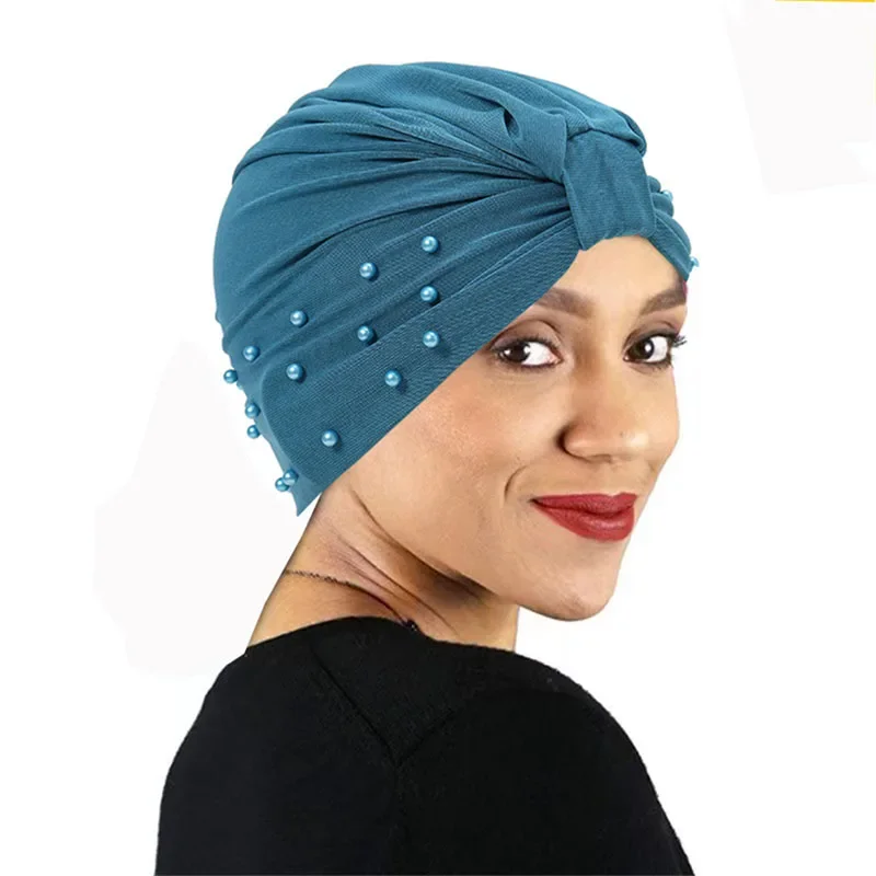 Indian Beaded Turban Knot Beanie Women Cancer Chemo Cap Muslim Inner Hat Islamic Hair Loss Headscarf Bonnet Stretch Underscarf