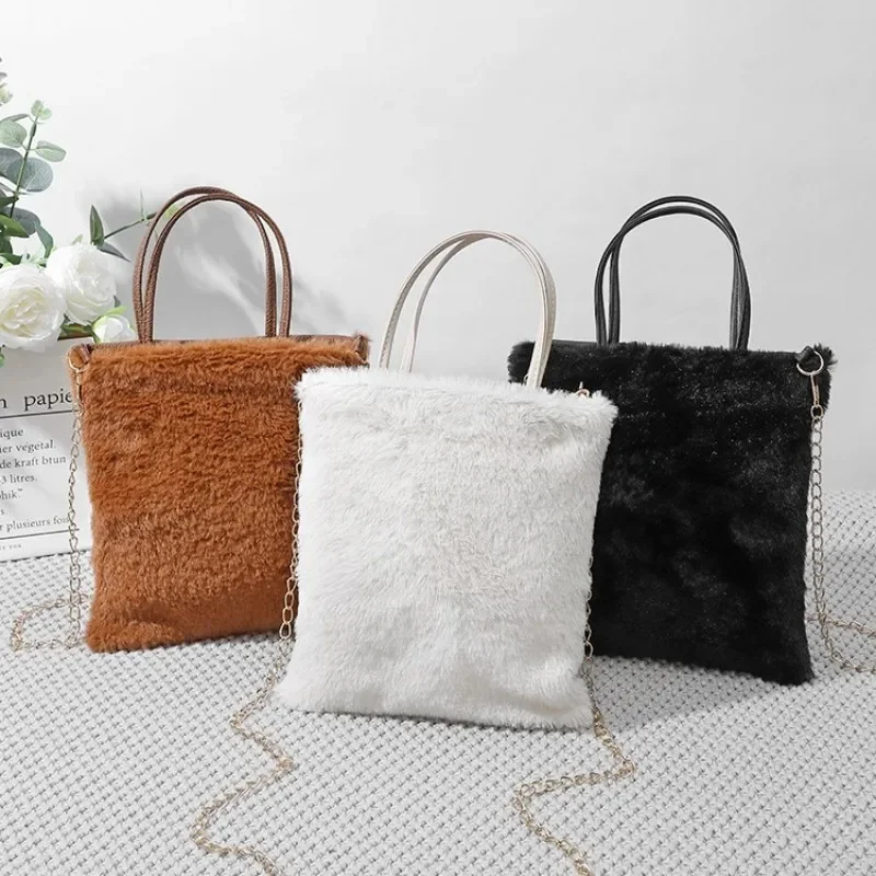 

Fashion Tote Bags for Women Luxury Handbags Winter Plush Shoulder Bag Female Simple Chain Crossbody Bag Phone Coin Wallet