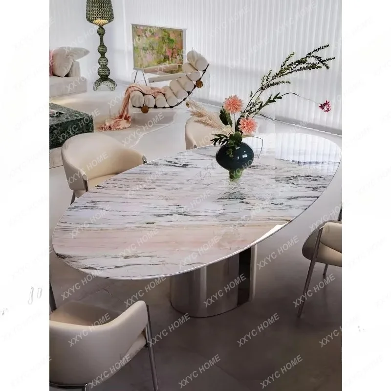 XXNatural smoke powder luxury stone dining table light luxury high-end restaurant marble custom oval
