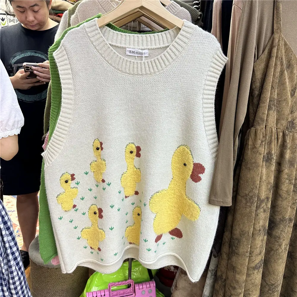 Korejpaa Waistcoat Women Autumn Winter Cartoon Duck Jacquard Kawaii Sweater Vest Knitwear Casual Round Neck Sleeveless Vests