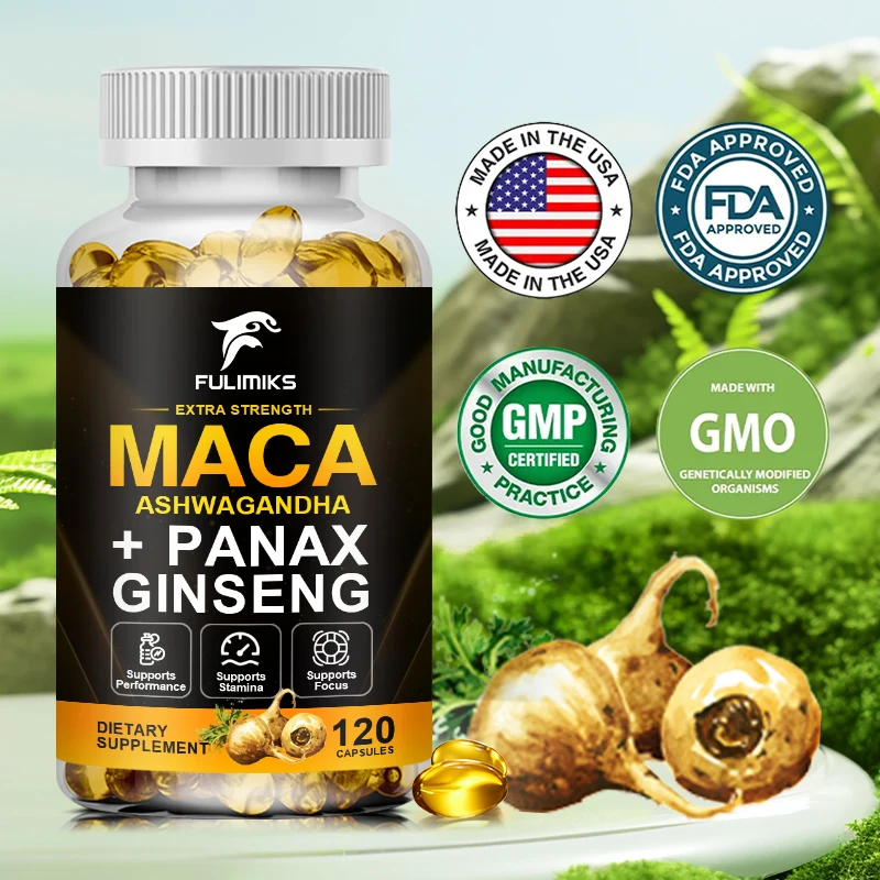 Organic Maca Root Capsules 10,000mg + Korean Ginseng 1,400mg - Black + Red + Yellow Maca Root, Potent & Highly Pure, Non-GMO