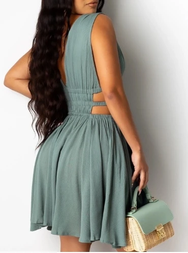 Robe d'été sans manches pour femmes, nouvelle collection, tempérament Sexy, taille haute, col en v, couleur unie, élégante, Mini robe de soirée moulante