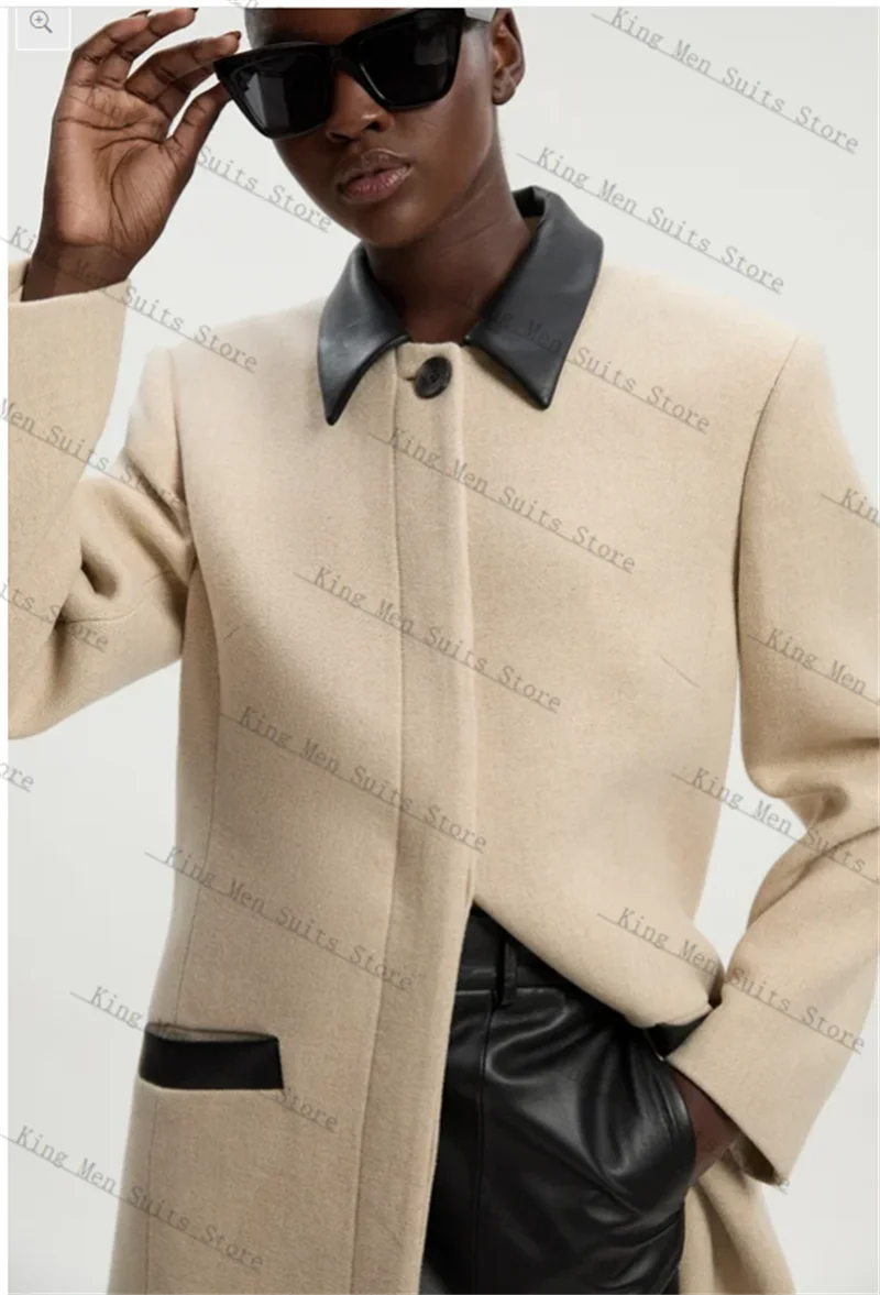 البيج الكشمير الصوف المرأة البدلة 1 قطعة سترة طويلة فستان الحفلة الراقصة مخصص مكتب رسمي سترة حريمي معطف شتاء دافئ الزفاف #3