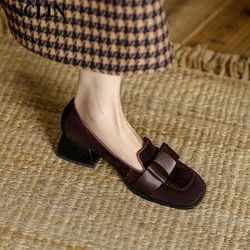 2024 Spring/Summer New Women Shoes Square Toe Chunky Heels Shoes For Women Genuine Leather High Heels Loafers Zapatos De Mujer