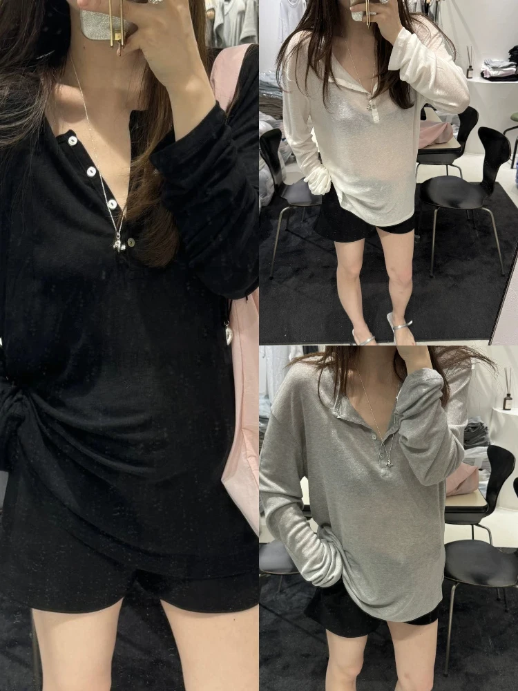 

Свободная длинная футболка Sve с дизайном на пуговицах и открытым воротником, легкий топ Sunade irt Lazy Sle для женщин, летняя одежда