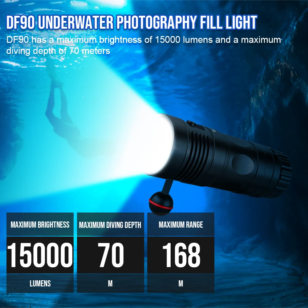 DF90 powerful 15000 Lumen Underwater Diving Flashlight for Scuba Diving