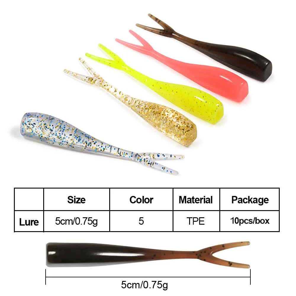 Spinpoler Forked Tail Minnow Soft Bait 5cm TPE Floating Ajing Worm Split Tail Swimbait 10Pcs Box Bass Trout Jig Head Rig Tackle