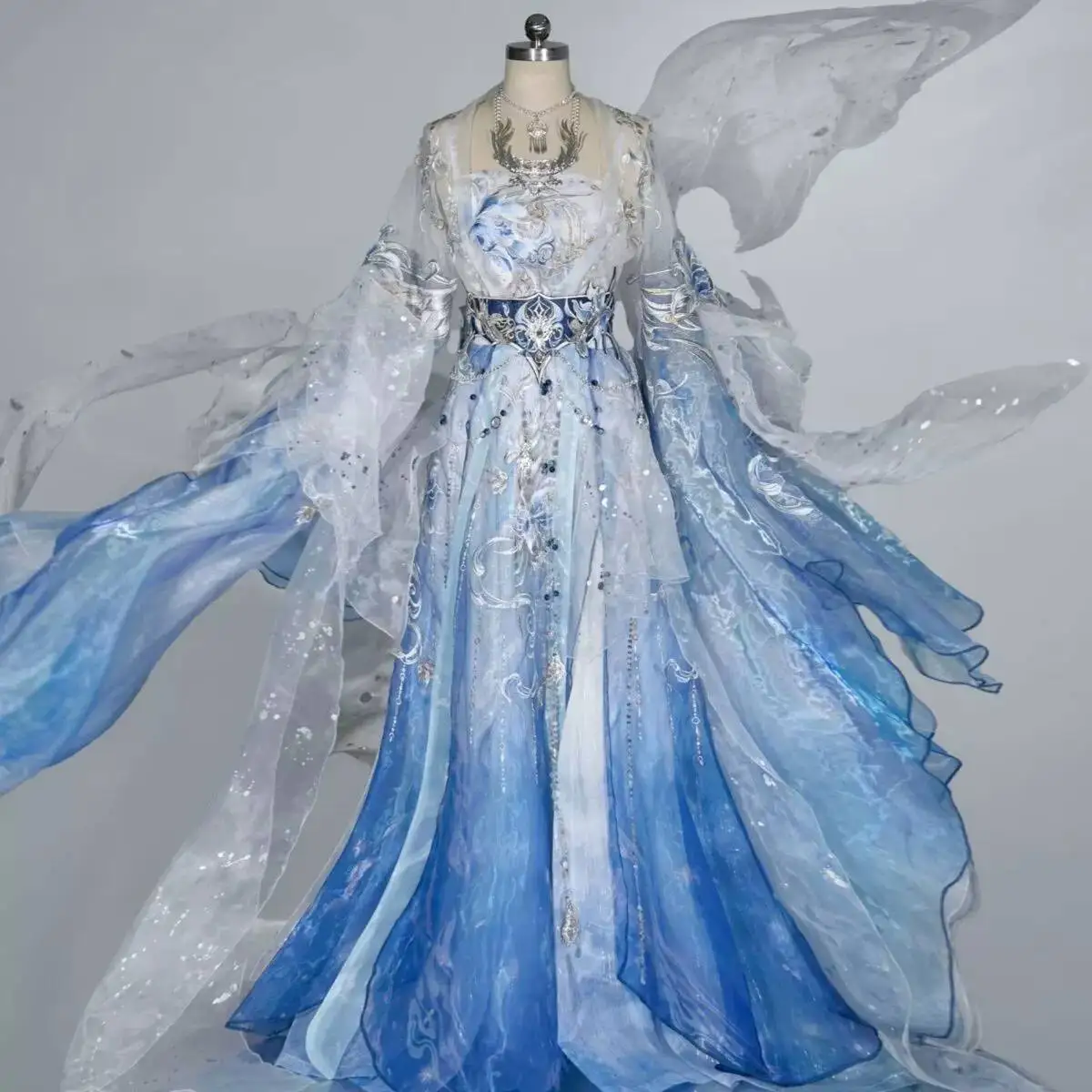 

Women Blue Peacock Fairy Tang Dynasty Hanfu Heavy Embroidery Hezi Dress Wide Sleeve Feather Shawl Full Set