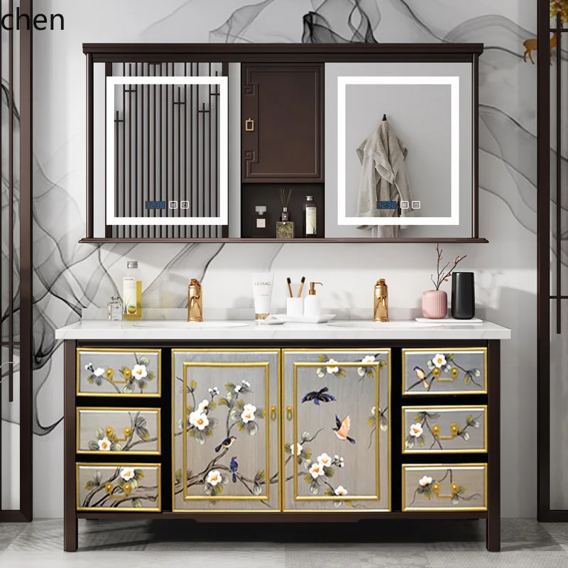 Hxl bathroom cabinet painted solid wood floor-standing double basin wash basin marble wash basin