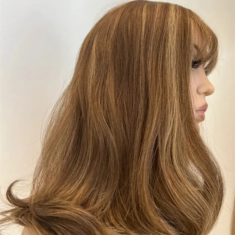 16 Inches Ombre Honey Brown Blonde Synthetic HD Lace Front Wig with Bangs High Density Wigs Heat Resistant Small Large Size Cap