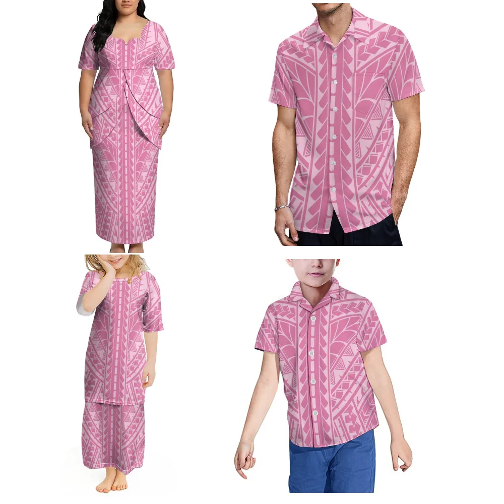 Conjuntos Familiares de Verão Samoa: Camisas Masculinas de Manga Curta e Vestidos Femininos Puletasi Personalizados de Manga Curta
