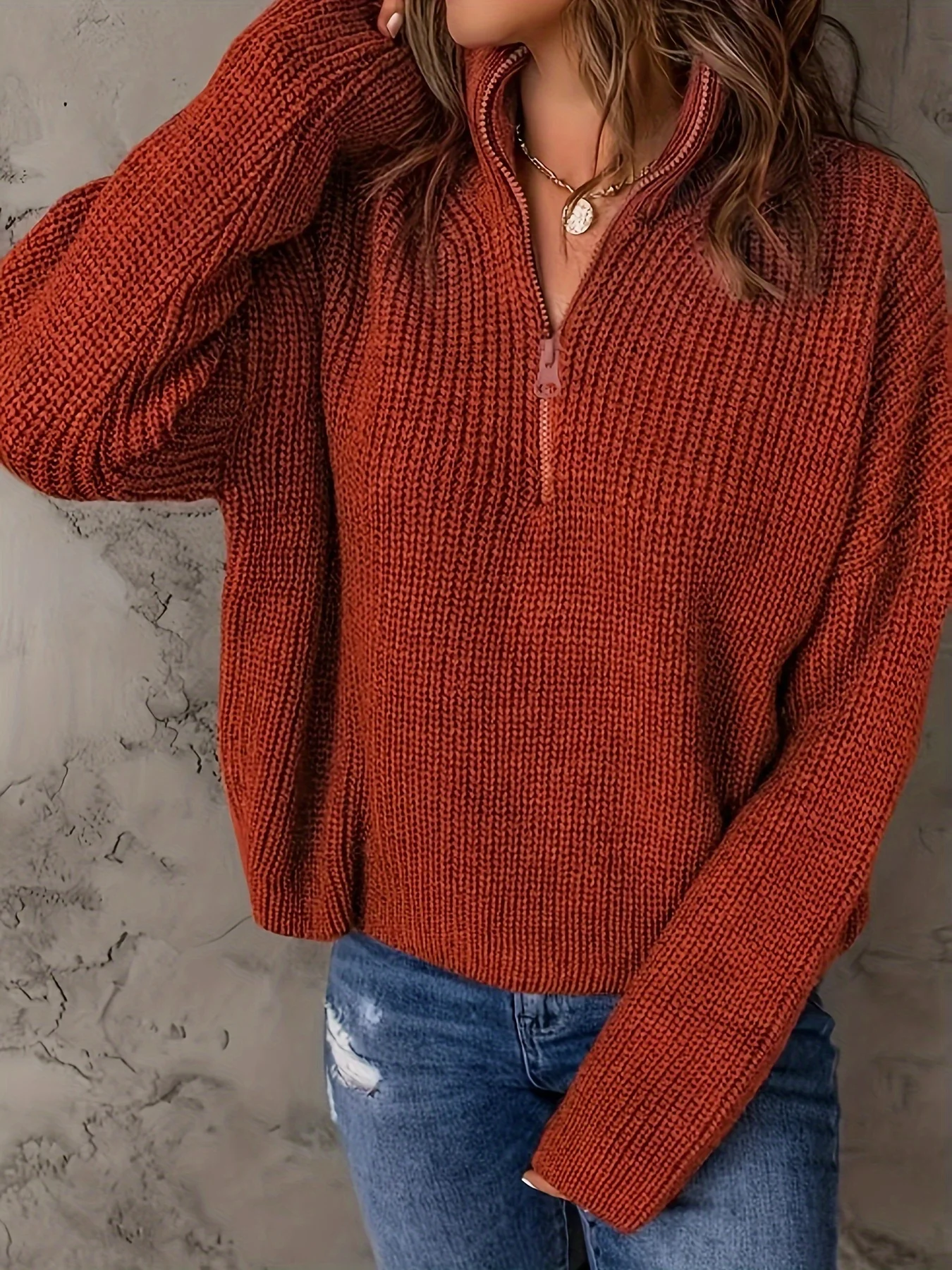 Vintage red sweater half-zipper lapel minimalist style solid color design all-in-one knitted sweater autumn and winter women\'s w