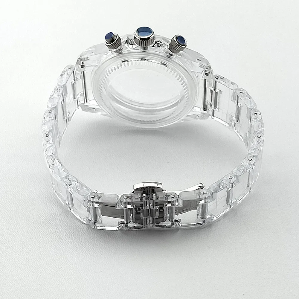 39,5mm Herren-Uhrengehäuse aus Acryl, transparent, geeignet für VK63, mit schwarzem, blauem, grünem, weißem Armband, Uhrenteile und Zubehör – Detail 5