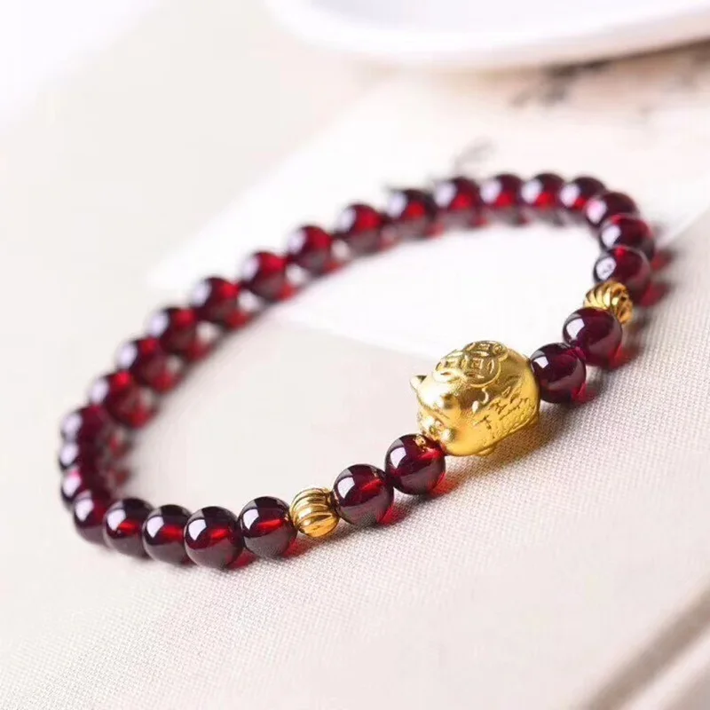 

Natural 6A Grade Wine Red Garnet 5mm Bracelet with Gold Plated Zodiac Pig