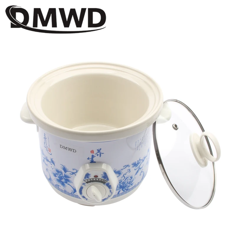 DMWD electric 140w Slow Cookers mini mechanical timer control stew foods Ceramic liner Blue and white porcelain color 1.5L