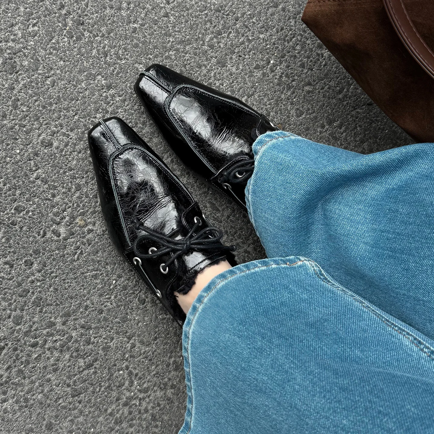 Winter first-layer cowhide inner height-increasing retro single shoes~ square head lace-up middle rivets thickened lamb wool
