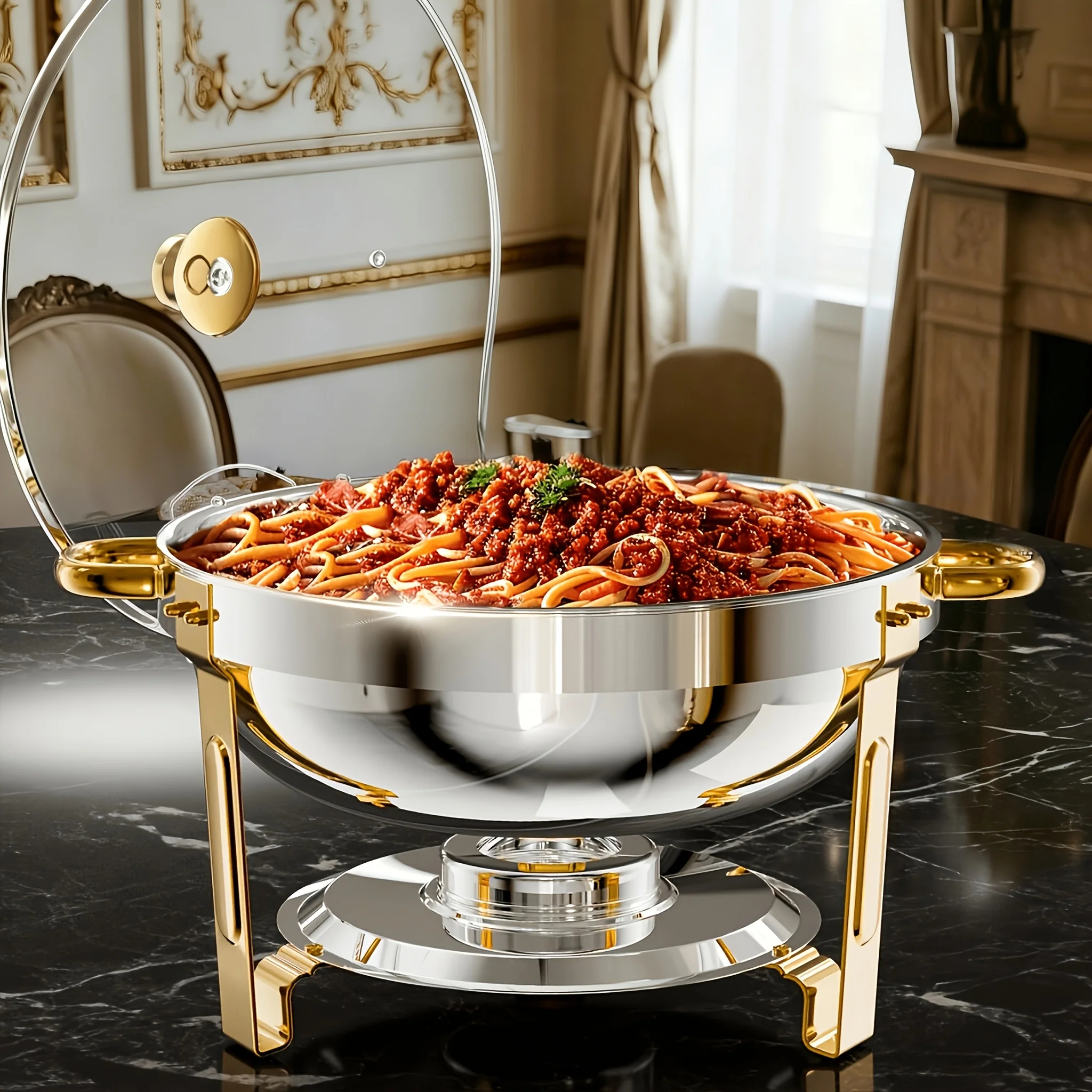 

1pc Golden Buffet Chafing Dish (5 Quart), Round Chafing Dish Set with Lid Rack, Rolled Edge Design (No Cutting), Mirror Polished Stanless Steel, Suitable for Catering, Parties And Weddings, Only for Cooking