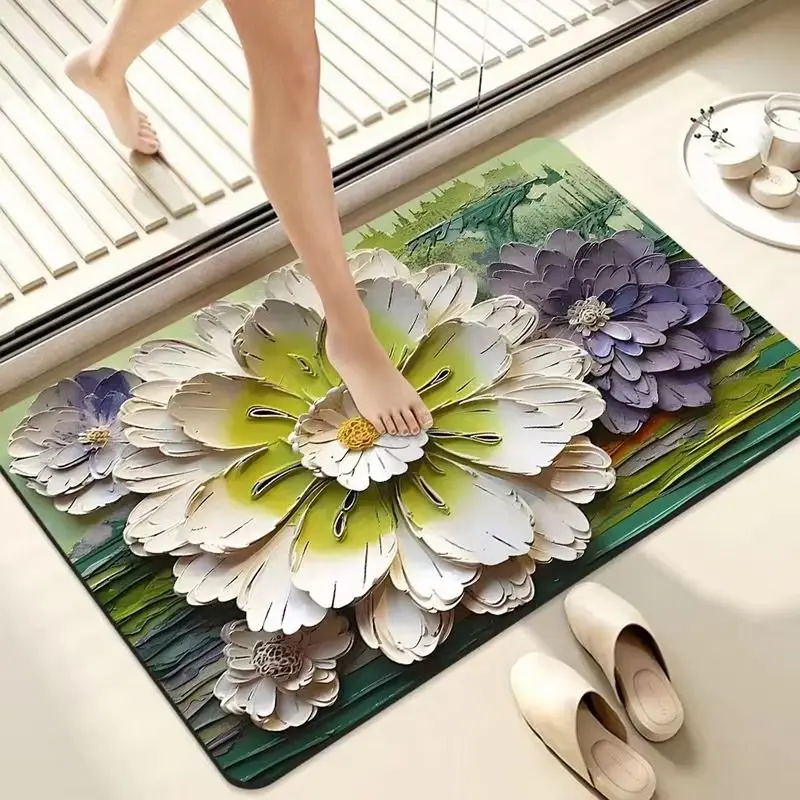 VIKAMA 3D Green Purple Dahlia Bath Mat for Bathroom, Absorbent Non Slip Soft Floral Floor Rug Home Decor