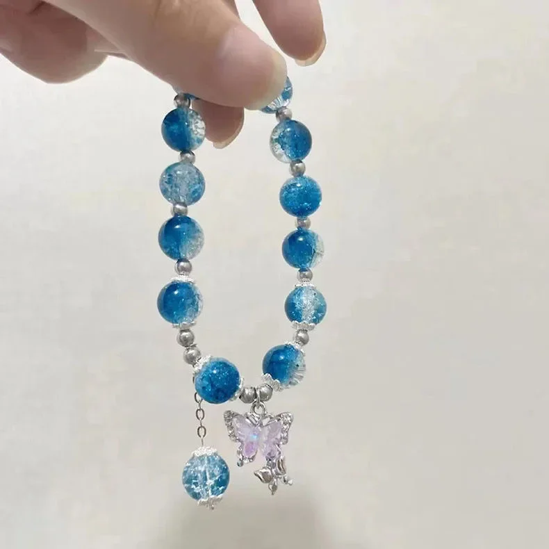 Gelang Kristal Cahaya Bulan Harta Karun Biru Laut Opal Asli Gelang Y2k Elastis Mewah Ringan Hadiah Perhiasan Antik Mode