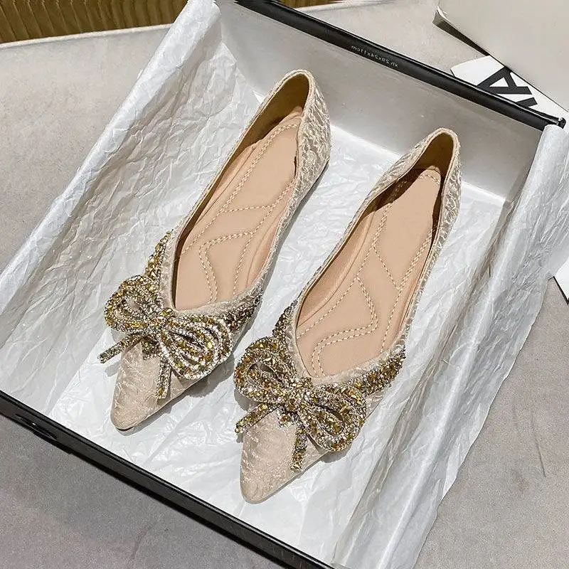 2025 Spring and Autumn New Fashion Bow Pointed Flat Bottom Bean Shoes Korean Versatile Casual Women's Shoes