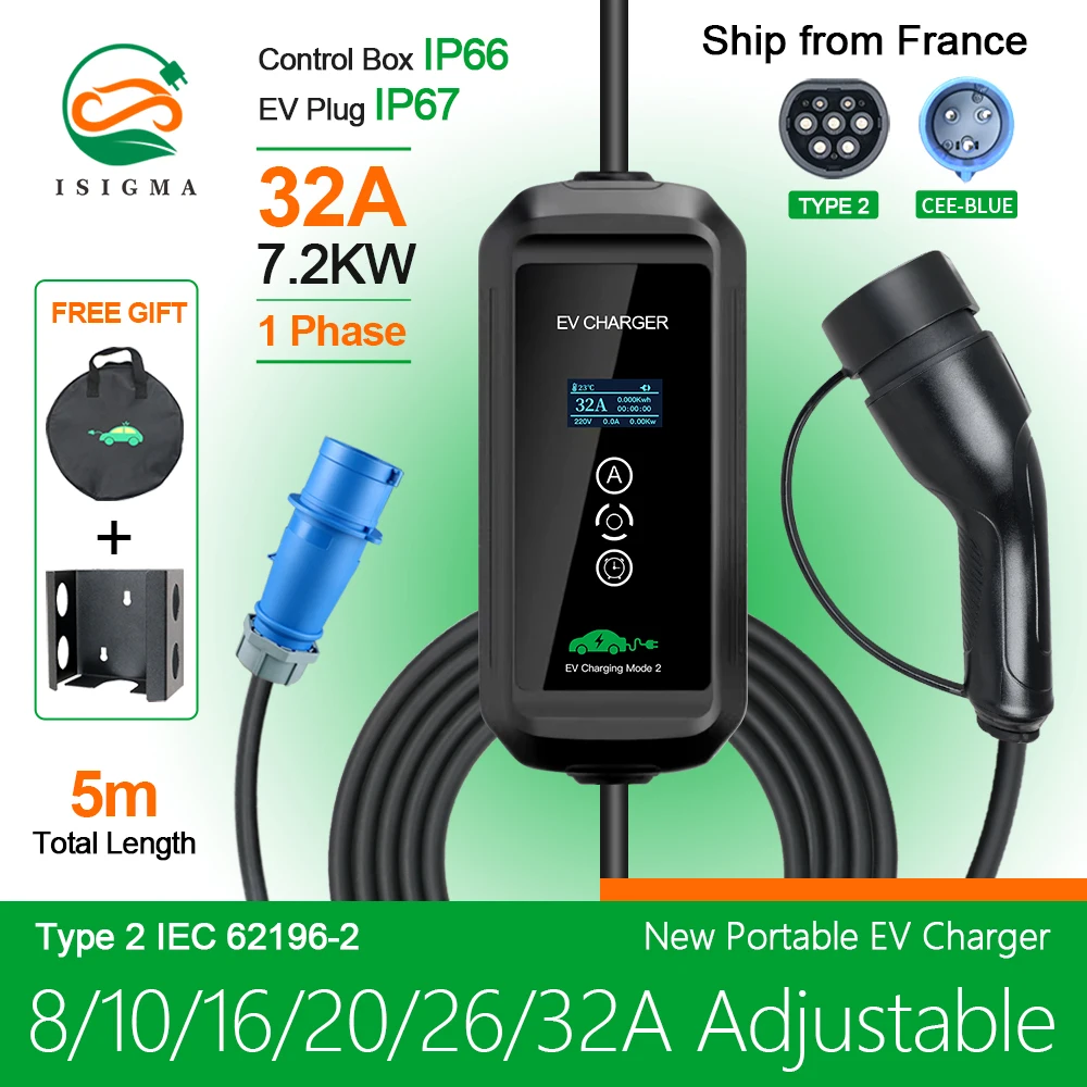 ISIGMA 32A 7.2KW Type2 Type1 Electric Vehicle Charger GB/T EVSE Charging Cable Portable EV Charger