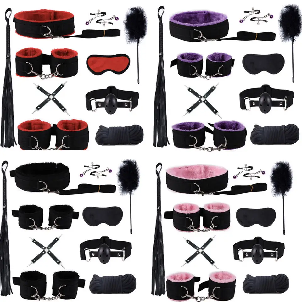 10PCS BDSM Bed Restraints Sex Toy Kits Handcuffs 18+ Adult Sex Game Sexy Suit Nipple Clipper Mouth Gag Whip Sex Feather Soft SM