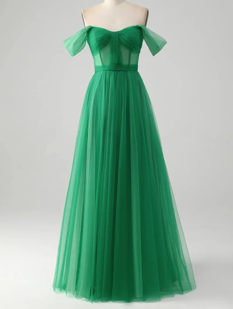 

Popular Boat Neck Mesh Fairy Evening Long Dress Green Temperament Summer Homecoming Dresses 2024 Transparent Vestidos Noche