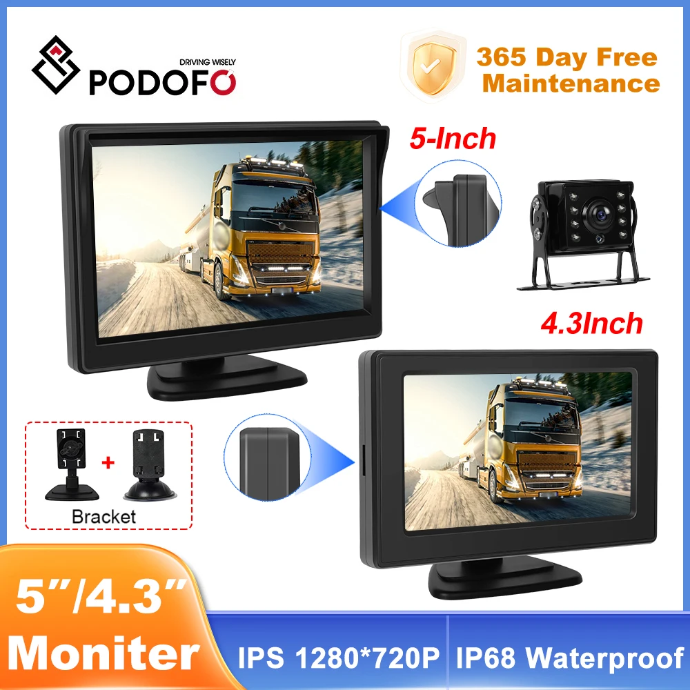 Podofo 4.3/5-inch IPS Screen Wired Reverse Camera Anti-interference Long Range Waterproof Infrared Night Vision Safe Rear Camera