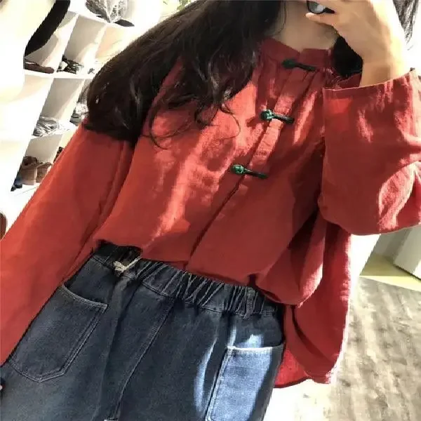 

Китайский стиль, Республика, Китайский стиль, тарелка на пуговицах, свободная большая чайная одежда, осеннее новое поступление, литературный ретро льняной кардиган, рубашка