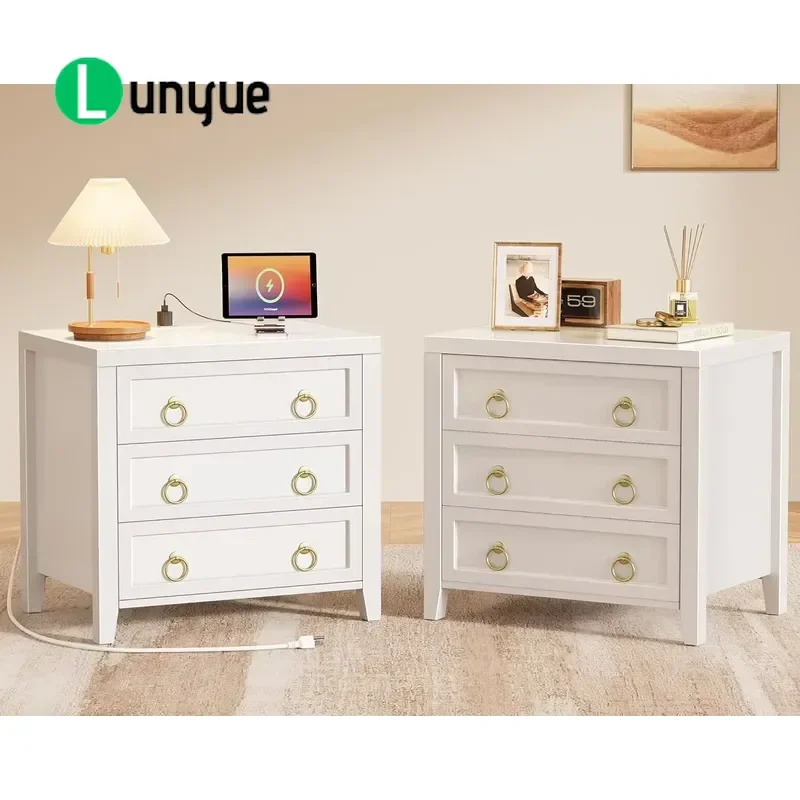 Modern Nightstand with Charger Station 3 Drawer Bedside Table with USB C Port End Table for Bedroom Living Room Furniture