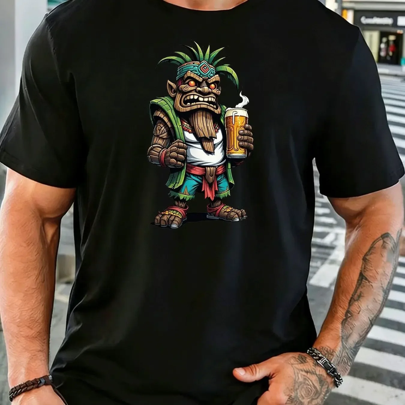 Vintage Graffiti Style Tiki Totem Warrior with Beer Bamboo Cape Tribal Pattern Casual Short Sleeve Tee
