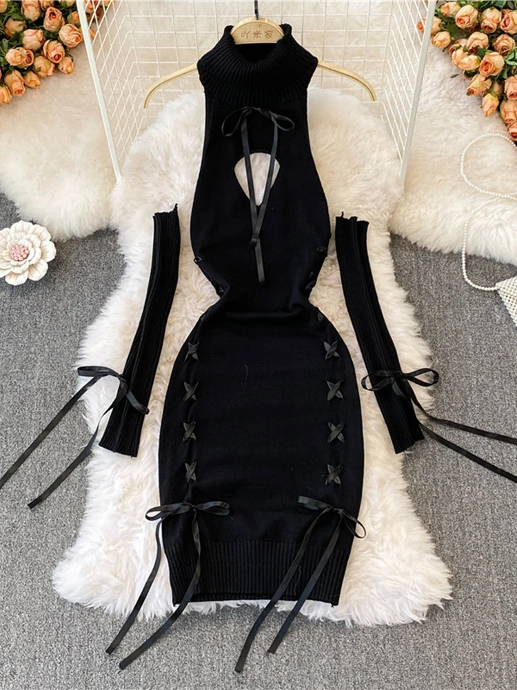 Women Sexy Sweater Dress Open Chest Backless Ribbon Strap Tops Turtleneck Long Sleeve Lacing Up Bodycon Knit Bandage Dress