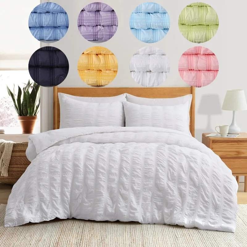 Solid Color Checked‑Texture Seersucker Winter Comforter Fluffy Loft‑filled Duvet Insert Soft Warm Quilt for Bedroom Home Bedding