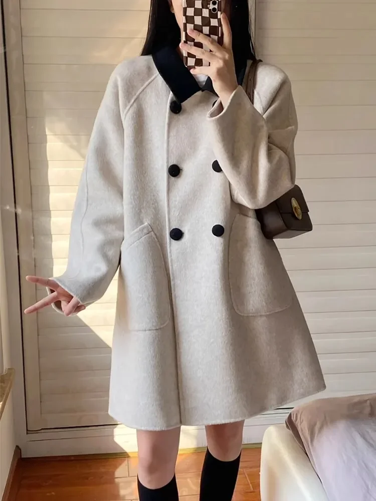 Frauen langen Woll mantel 2023 Herbst Winter neue Mode Vintage Langarm Turn Down Kragen Mäntel lose Jacke einfache Outwear