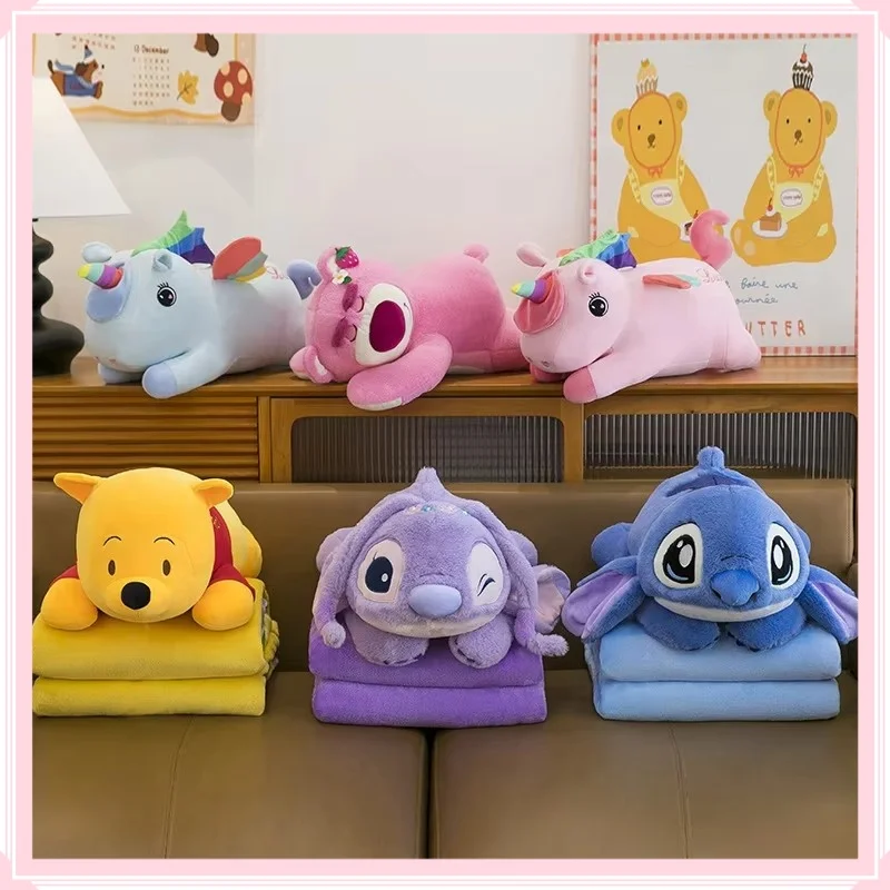 漫画風エアコンブランケット ディズニー スティッチ ウィニー ぬいぐるみ枕ブランケット 2in1 多機能お昼寝ブランケット ﻿