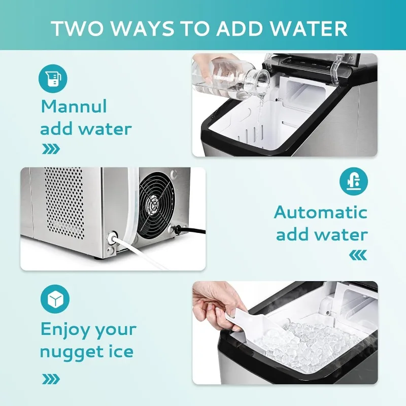 Nugget Ice Maker controsoffitto, Max 34 libbre/giorno, ricarica dell'acqua a 2 vie, macchina per la produzione di ghiaccio di ghiaia autopulente con serbatoio 3Qt