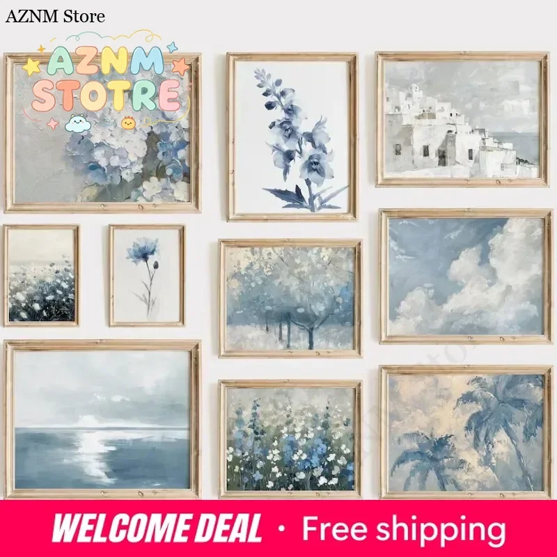 Blue Vintage Landscape Poster Sky Ocean Seascape Wildflowers Trees Canvas Painting Aesthetic Wall Art for Living Room Home De