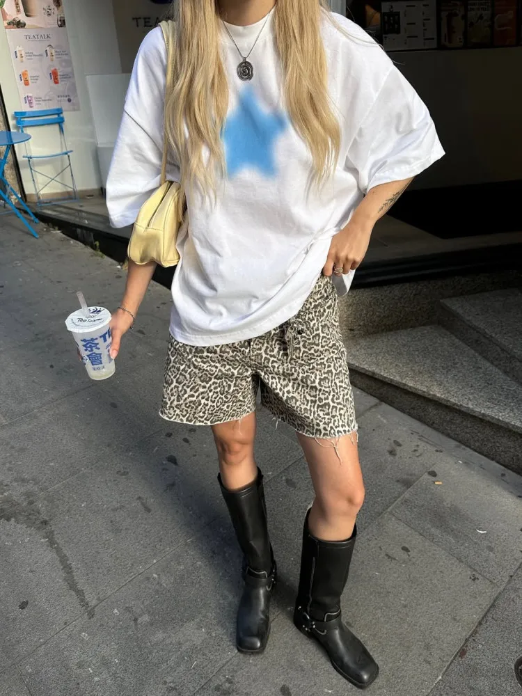 JHYF American Retro Oversize Design Small Audience Illusory Blue Five-pointed Star Print Spicy Girl Short Sleeve T-shirt Women