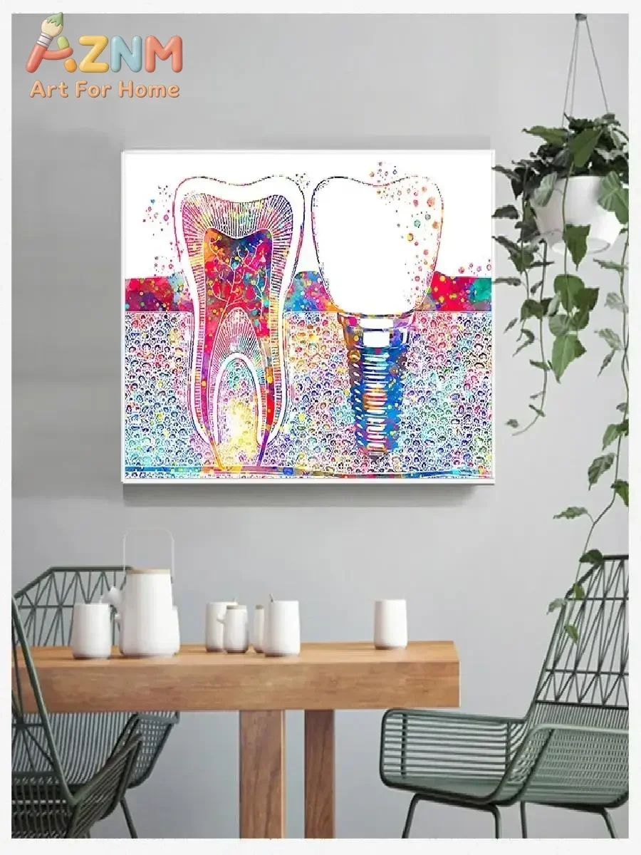 Watercolor Tooth Wall Art for Dental Clinic Decor Hygienist Poster Tooth Implant Canvas Print Dentist Office Art Medicine Paint