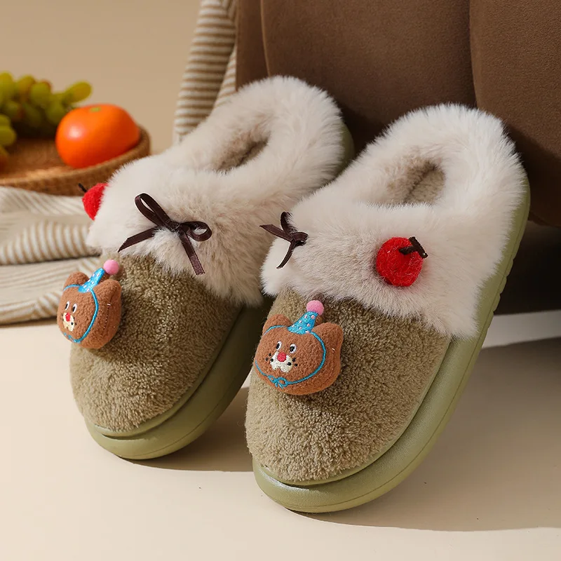 

Cute Cartoon Bear Furry Indoor Slippers Women 2025 Winter Soft Thick Bottom Fluffy Fur Home Slippers Warm Plush Woman's Slides