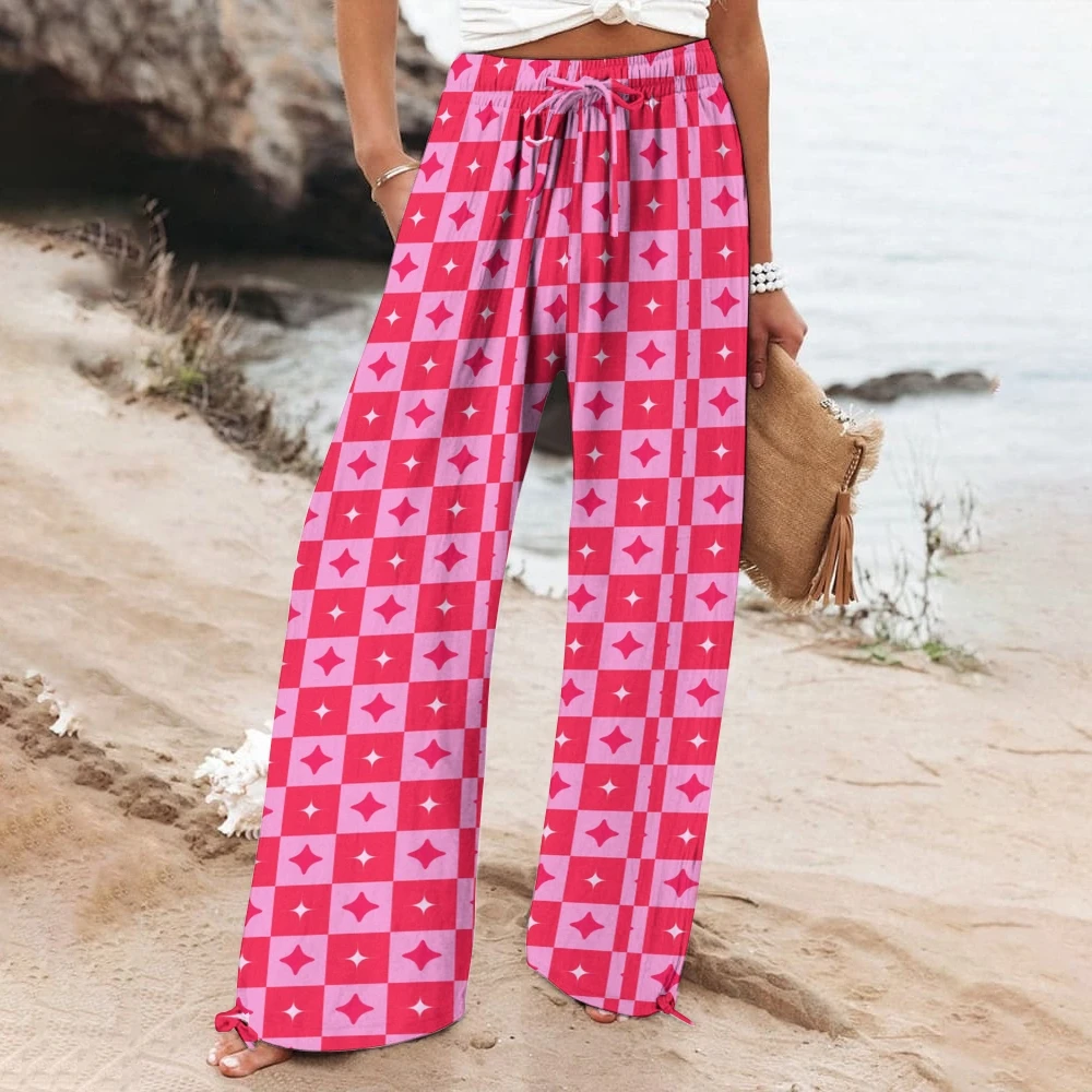 

Woman PIink Checkered Pant Fashion Stylish Drawstring Pants Checkerboard Pants For Seaside Vacation Causal Relaxed Fit Outfits