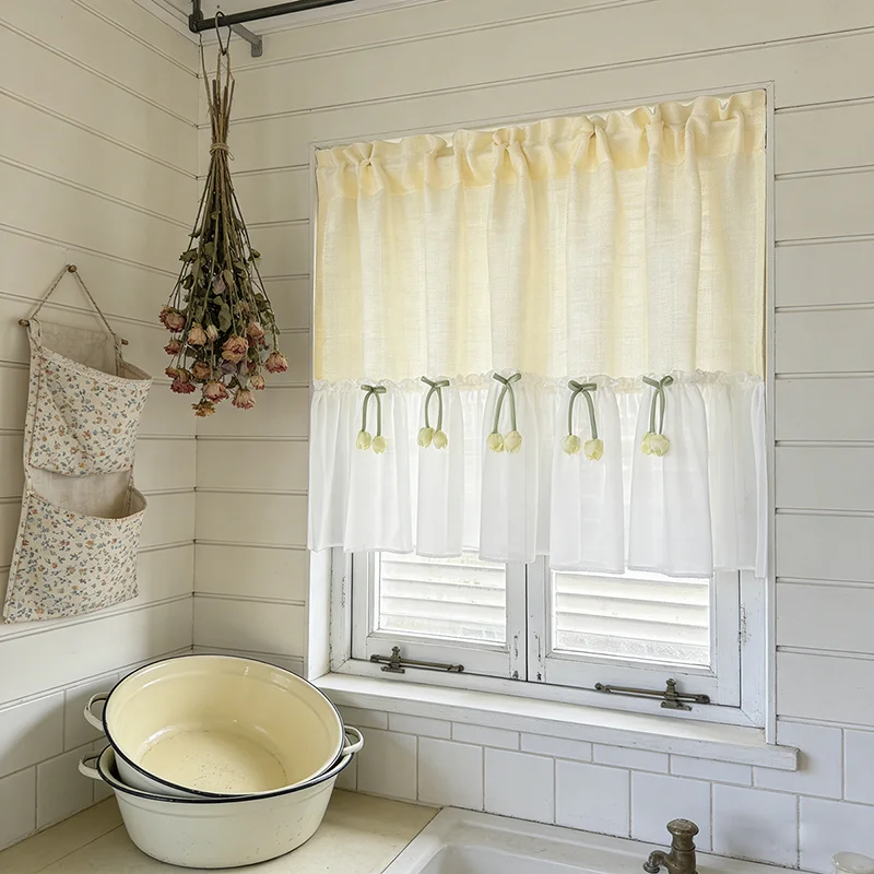 

Французская ретро-штора для кафе в романтическом стиле с декором в виде желтых цветов, светло-желтая полупрозрачная занавеска для гостиной, кухни и прихожей