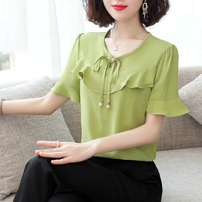 

Summer Solid Pullover Bandage Drawstring Round Neck Butterfly Short Sleeve T-shirt Casual Loose Women's Clothing Streetwear Tops