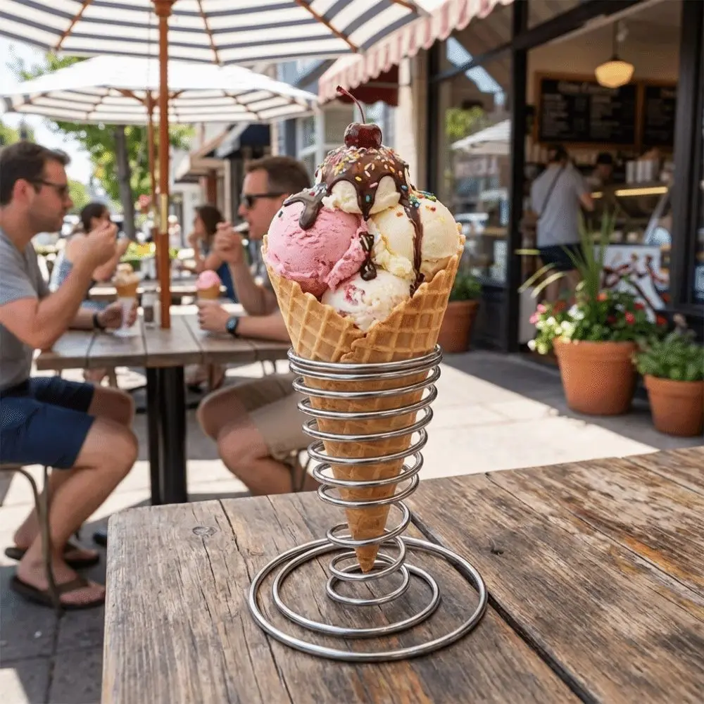 Stainless Steel Ice Cream Cone Holder Conical Spring Metal Basket French Fry Display Rust-proof Steady Pizza Cone Holder