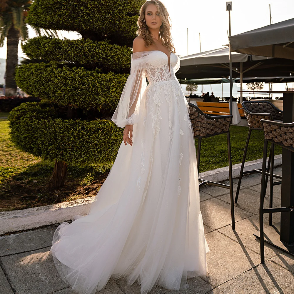 Prinses trouwjurken voor de bruid Op maat gemaakte afneembare pofmouwen Sweetheart kralen appliqué sweep trein bruidsjurk