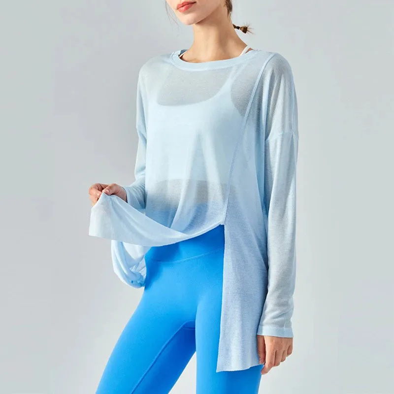 Yoga Shirt Long Sleeve Summer Women Thin Loose Running T-shirt Quick Dry Forked Sport Tops Gym Workout Fitness Top Blouse Female