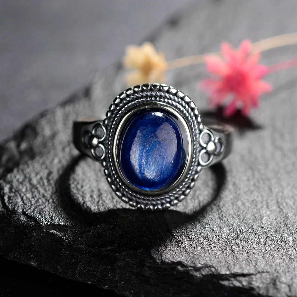 

925 Sterling Silver Ring Oval Natural Kyanite Rings Jewelry Anniversary Birthday Party Gift Finger Rings for Women