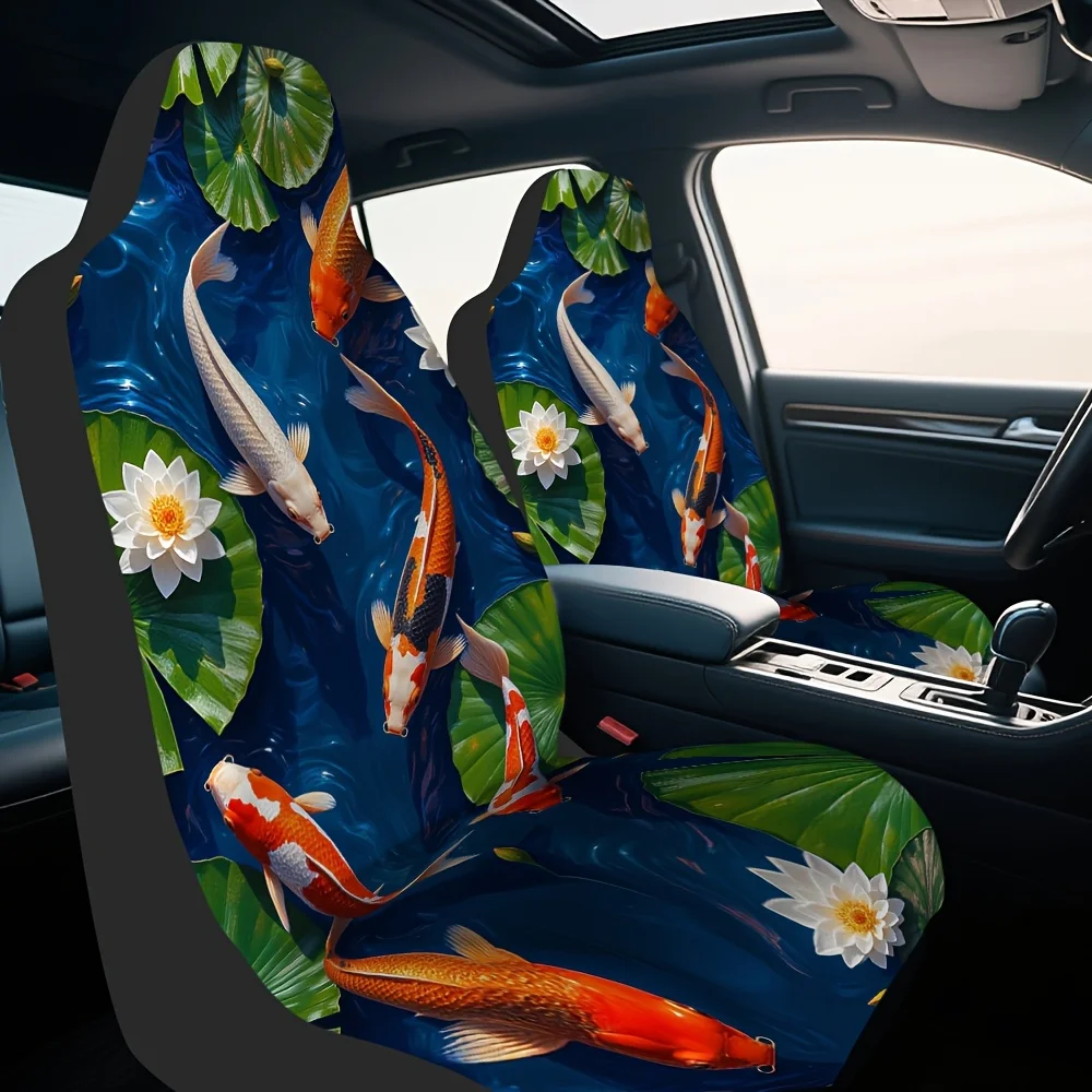 2pcs Koi Fish & Lily Pond Car Seat Covers - Japanese-Inspired & Golden Fish Design, Foldable Washable Polyester, Fit For Single