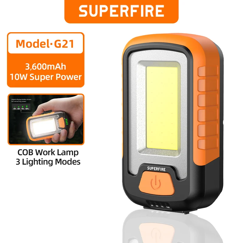 SUPERFIRE G21 Multifunktions-Arbeitsleuchte, wiederaufladbare COB-LED-Taschenlampe, eingebauter Akku, tragbare Autoreparatur-Notfalllampen